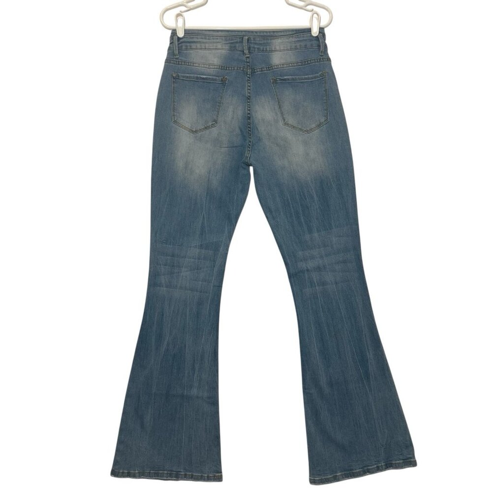 Flamingo Women’s Jeans Mid Rise Flare Leg Size Large Blue Fly Buttons Stretch - Picture 2 of 10